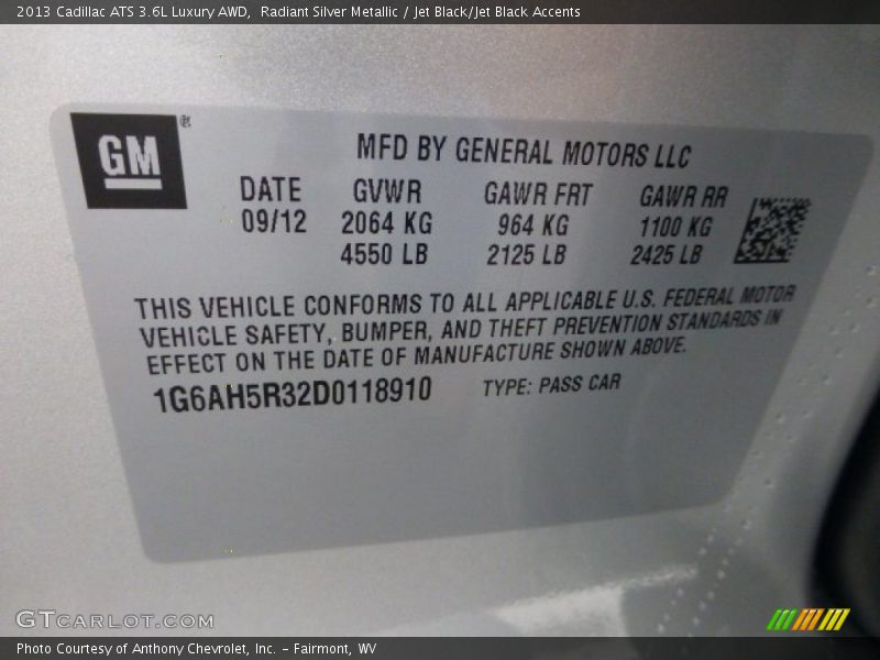 Radiant Silver Metallic / Jet Black/Jet Black Accents 2013 Cadillac ATS 3.6L Luxury AWD