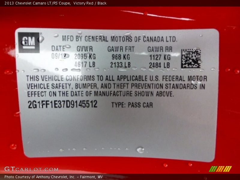 Info Tag of 2013 Camaro LT/RS Coupe