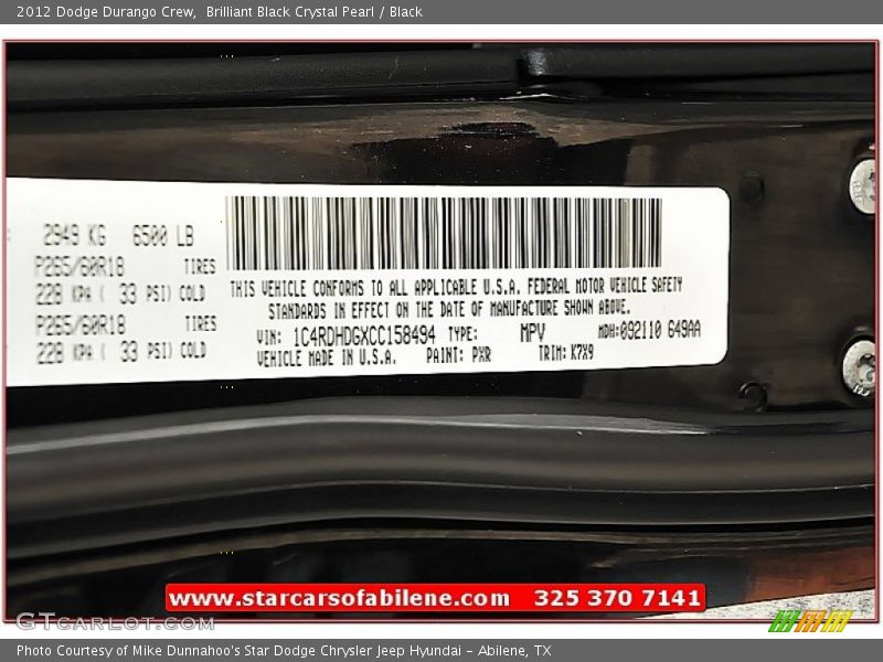 Brilliant Black Crystal Pearl / Black 2012 Dodge Durango Crew