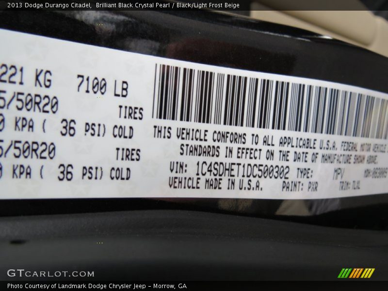 2013 Durango Citadel Brilliant Black Crystal Pearl Color Code PXR
