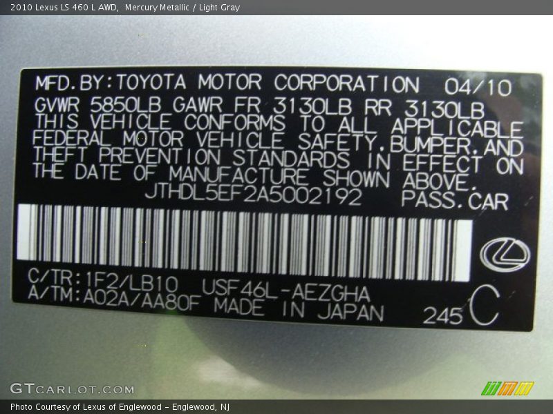 Mercury Metallic / Light Gray 2010 Lexus LS 460 L AWD
