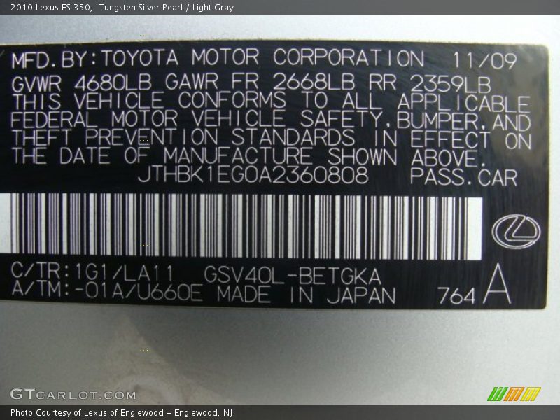 Tungsten Silver Pearl / Light Gray 2010 Lexus ES 350