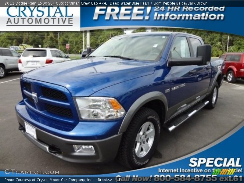 Deep Water Blue Pearl / Light Pebble Beige/Bark Brown 2011 Dodge Ram 1500 SLT Outdoorsman Crew Cab 4x4