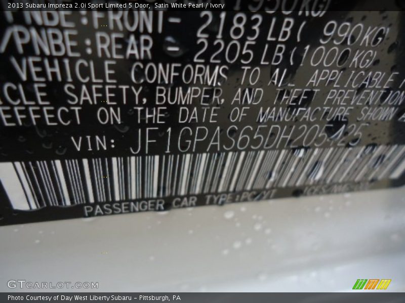Satin White Pearl / Ivory 2013 Subaru Impreza 2.0i Sport Limited 5 Door