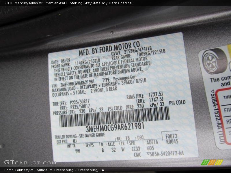 2010 Milan V6 Premier AWD Sterling Gray Metallic Color Code UJ