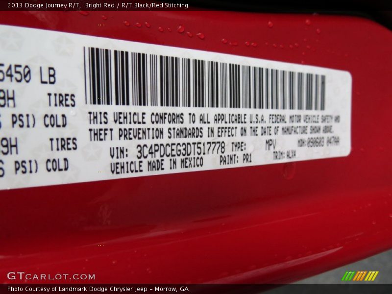 2013 Journey R/T Bright Red Color Code PR1
