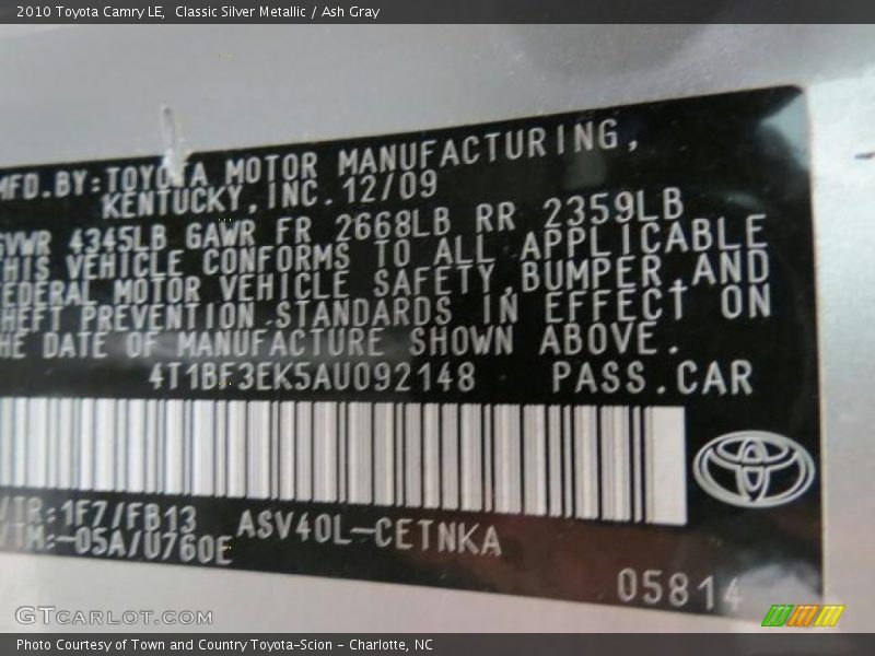 Classic Silver Metallic / Ash Gray 2010 Toyota Camry LE