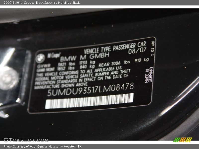 Black Sapphire Metallic / Black 2007 BMW M Coupe