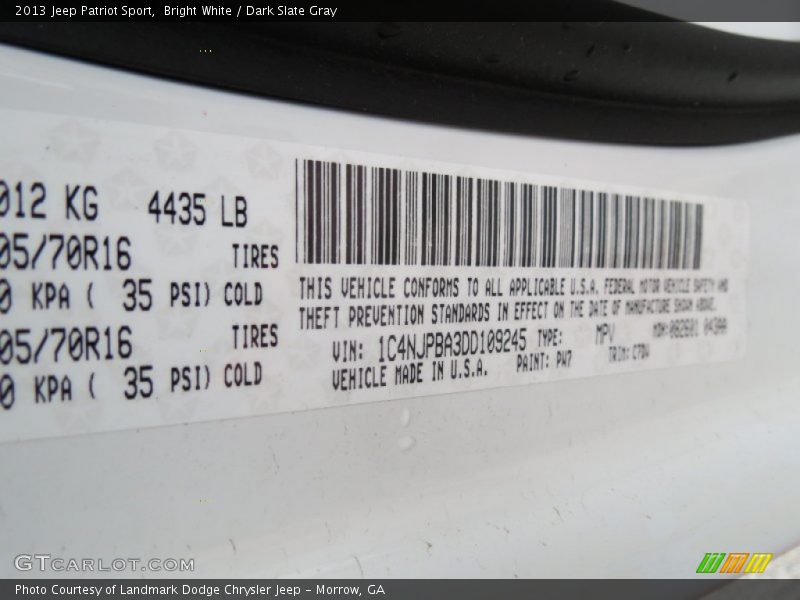 2013 Patriot Sport Bright White Color Code PW7