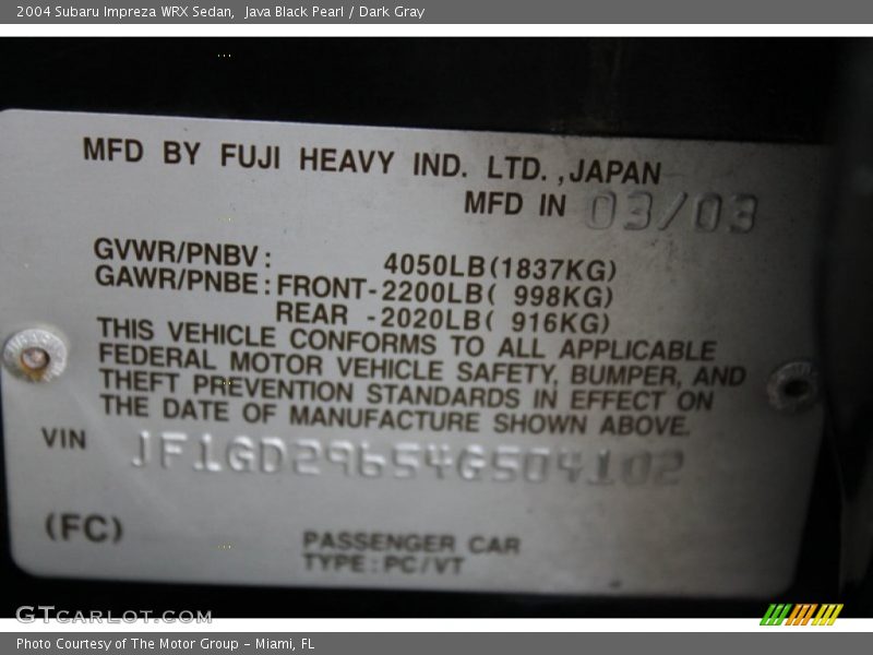 Java Black Pearl / Dark Gray 2004 Subaru Impreza WRX Sedan