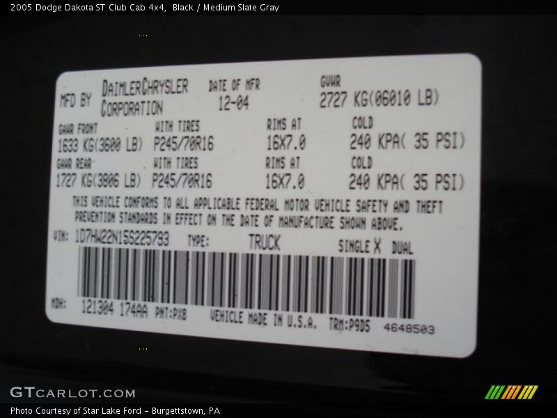 2005 Dakota ST Club Cab 4x4 Black Color Code PX8
