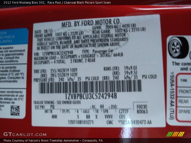 2012 Mustang Boss 302 Race Red Color Code PQ