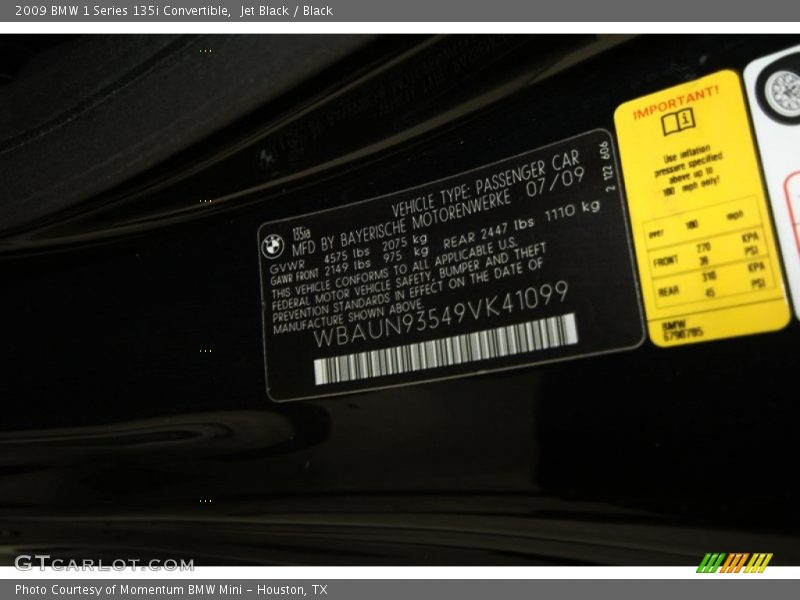 Jet Black / Black 2009 BMW 1 Series 135i Convertible