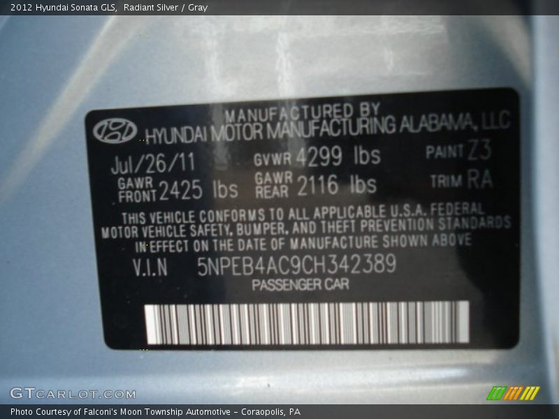 Radiant Silver / Gray 2012 Hyundai Sonata GLS