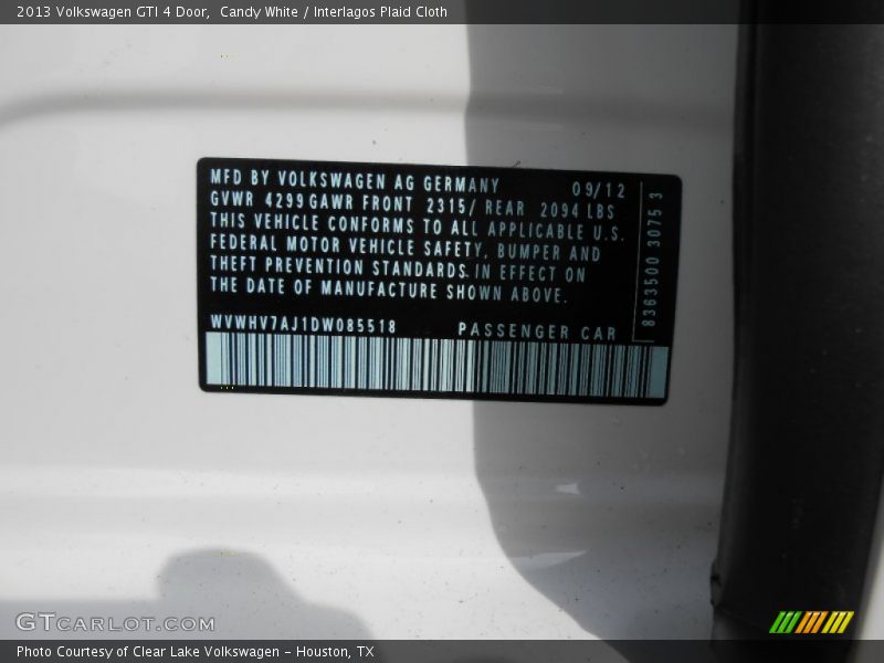 Candy White / Interlagos Plaid Cloth 2013 Volkswagen GTI 4 Door