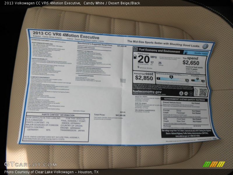  2013 CC VR6 4Motion Executive Window Sticker