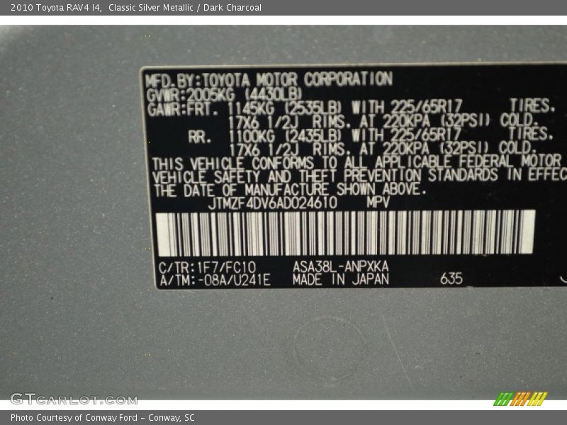 Classic Silver Metallic / Dark Charcoal 2010 Toyota RAV4 I4