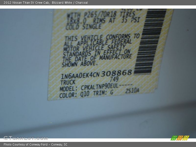 Blizzard White / Charcoal 2012 Nissan Titan SV Crew Cab