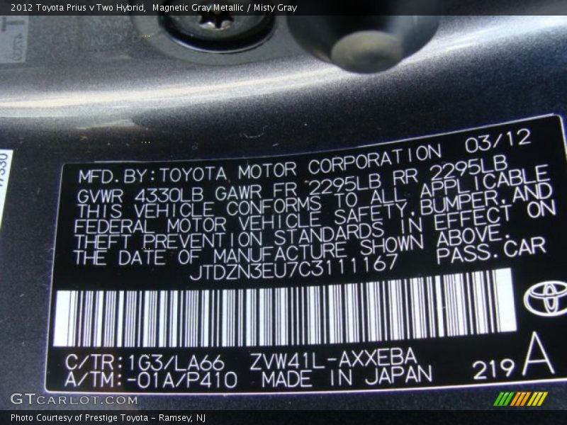 Magnetic Gray Metallic / Misty Gray 2012 Toyota Prius v Two Hybrid