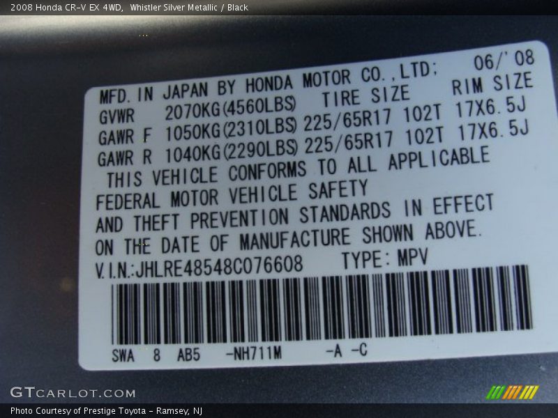Whistler Silver Metallic / Black 2008 Honda CR-V EX 4WD