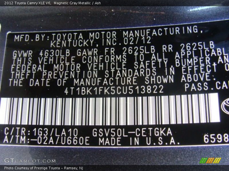 2012 Camry XLE V6 Magnetic Gray Metallic Color Code 1G3