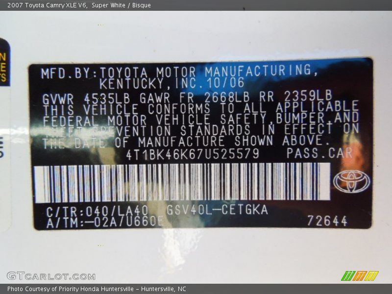 2007 Camry XLE V6 Super White Color Code 040