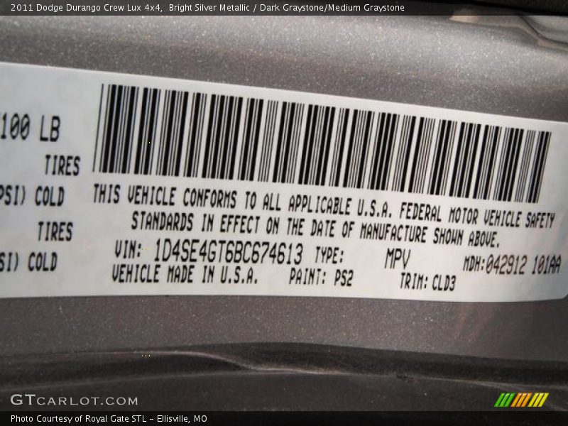 Bright Silver Metallic / Dark Graystone/Medium Graystone 2011 Dodge Durango Crew Lux 4x4