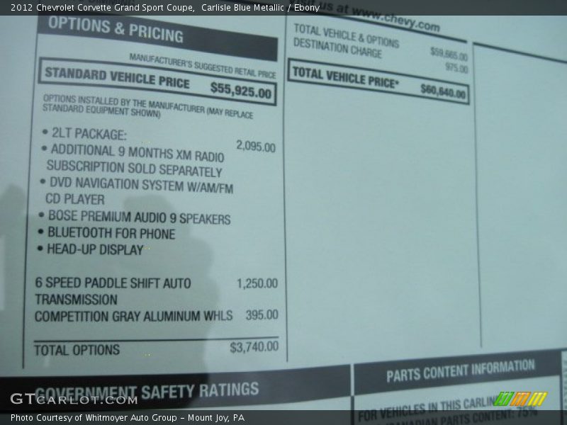  2012 Corvette Grand Sport Coupe Window Sticker