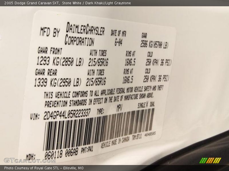 Stone White / Dark Khaki/Light Graystone 2005 Dodge Grand Caravan SXT