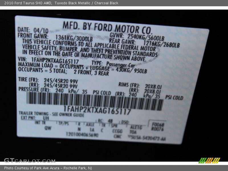 Tuxedo Black Metallic / Charcoal Black 2010 Ford Taurus SHO AWD
