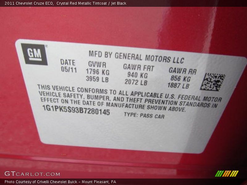 Crystal Red Metallic Tintcoat / Jet Black 2011 Chevrolet Cruze ECO