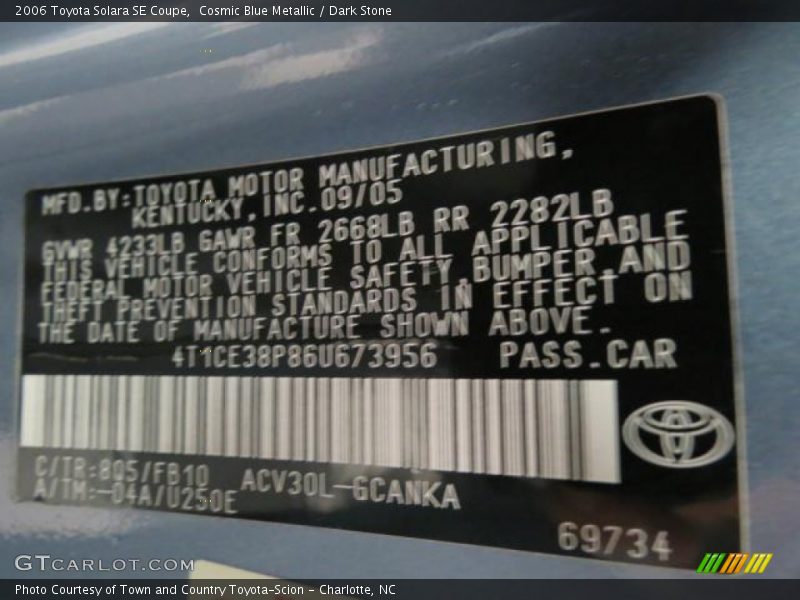 2006 Solara SE Coupe Cosmic Blue Metallic Color Code 8Q5