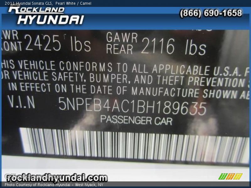 Pearl White / Camel 2011 Hyundai Sonata GLS