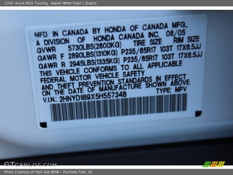 Aspen White Pearl / Quartz 2005 Acura MDX Touring