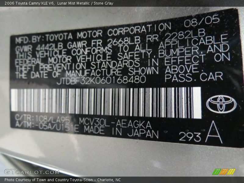 2006 Camry XLE V6 Lunar Mist Metallic Color Code 1C8