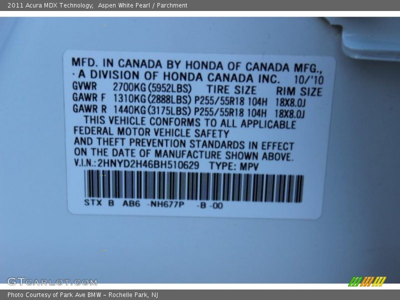 Aspen White Pearl / Parchment 2011 Acura MDX Technology