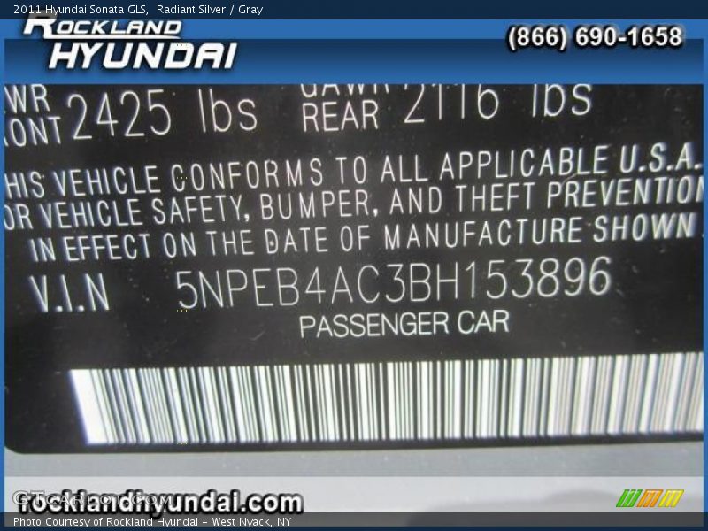Radiant Silver / Gray 2011 Hyundai Sonata GLS