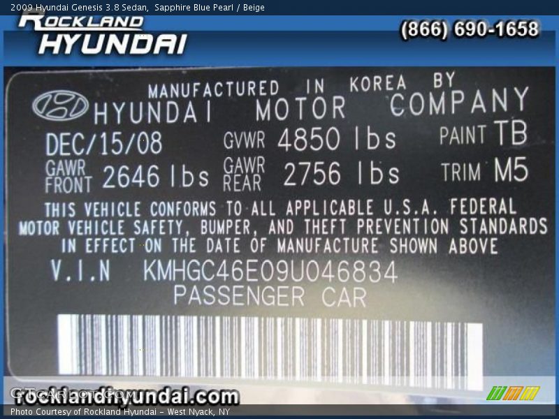 Sapphire Blue Pearl / Beige 2009 Hyundai Genesis 3.8 Sedan