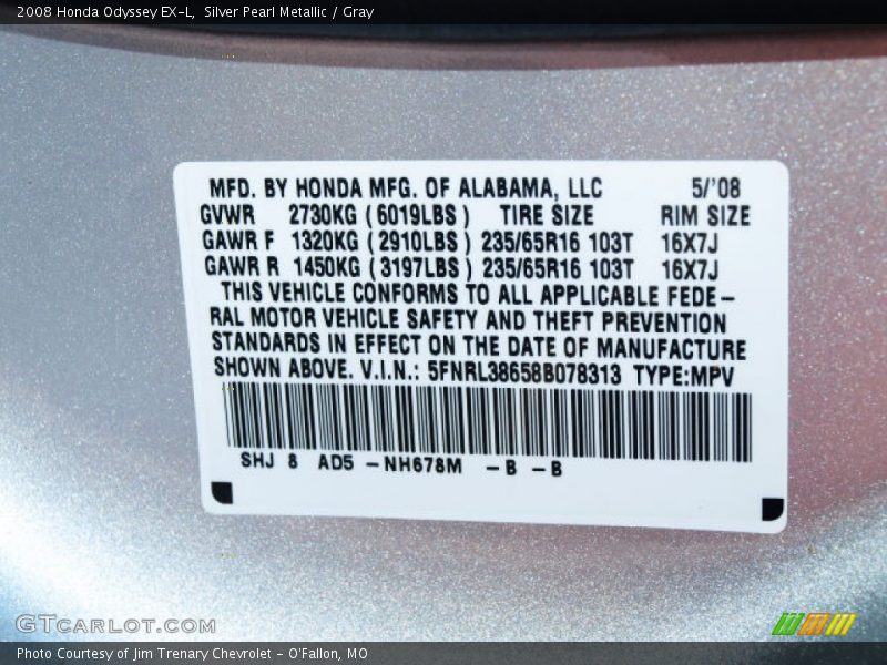 Silver Pearl Metallic / Gray 2008 Honda Odyssey EX-L