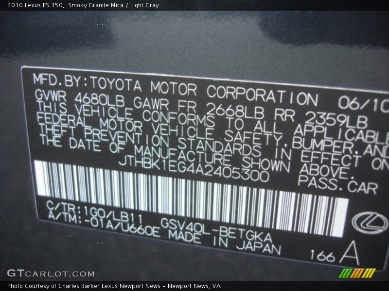 Smoky Granite Mica / Light Gray 2010 Lexus ES 350