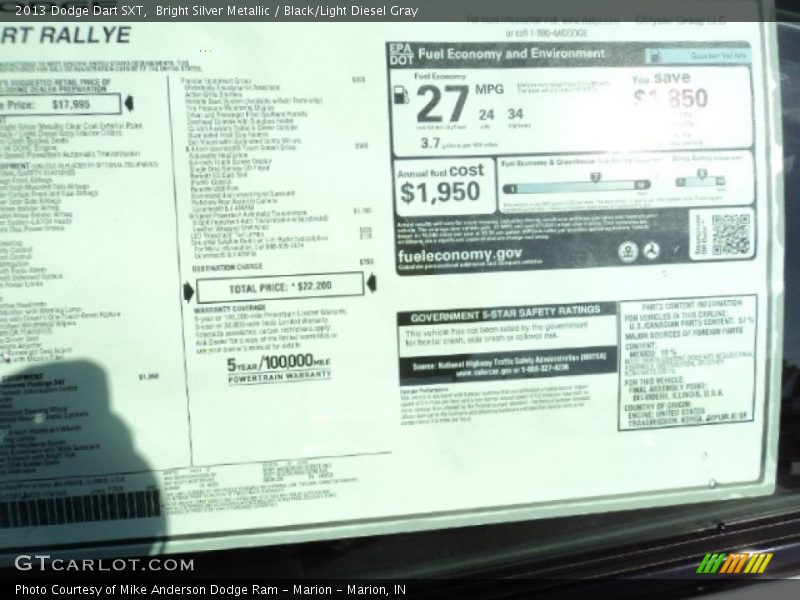 Bright Silver Metallic / Black/Light Diesel Gray 2013 Dodge Dart SXT