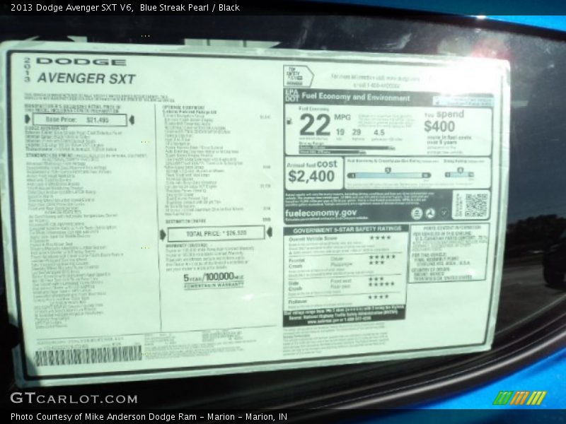 Blue Streak Pearl / Black 2013 Dodge Avenger SXT V6