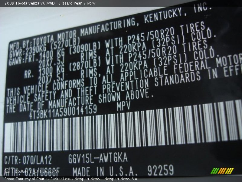 Blizzard Pearl / Ivory 2009 Toyota Venza V6 AWD