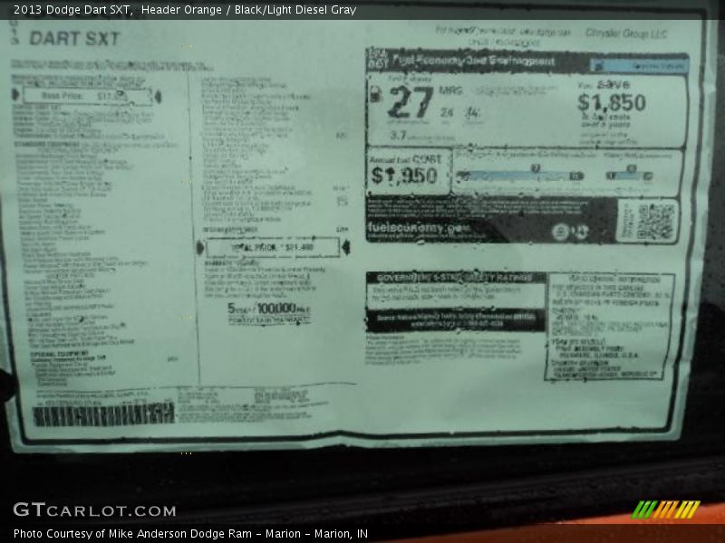 Header Orange / Black/Light Diesel Gray 2013 Dodge Dart SXT