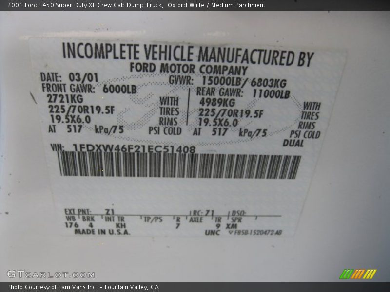 2001 F450 Super Duty XL Crew Cab Dump Truck Oxford White Color Code Z1