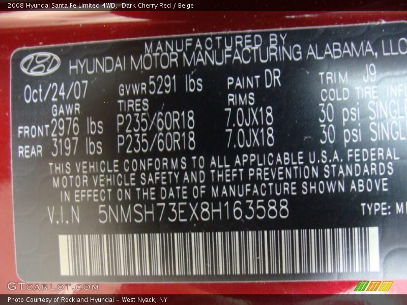 Dark Cherry Red / Beige 2008 Hyundai Santa Fe Limited 4WD