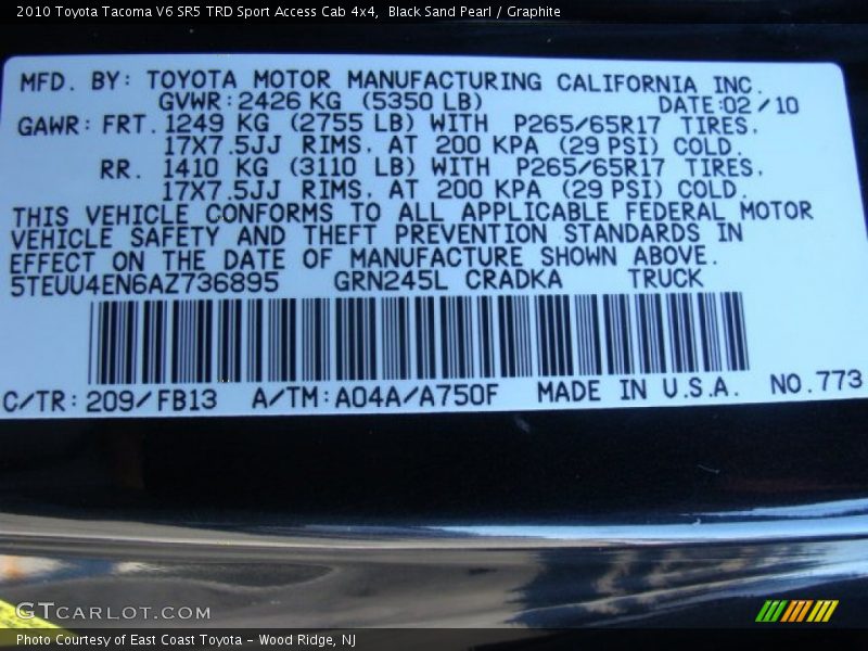 Black Sand Pearl / Graphite 2010 Toyota Tacoma V6 SR5 TRD Sport Access Cab 4x4