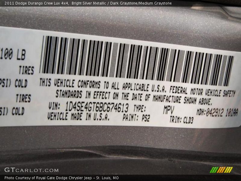 Bright Silver Metallic / Dark Graystone/Medium Graystone 2011 Dodge Durango Crew Lux 4x4