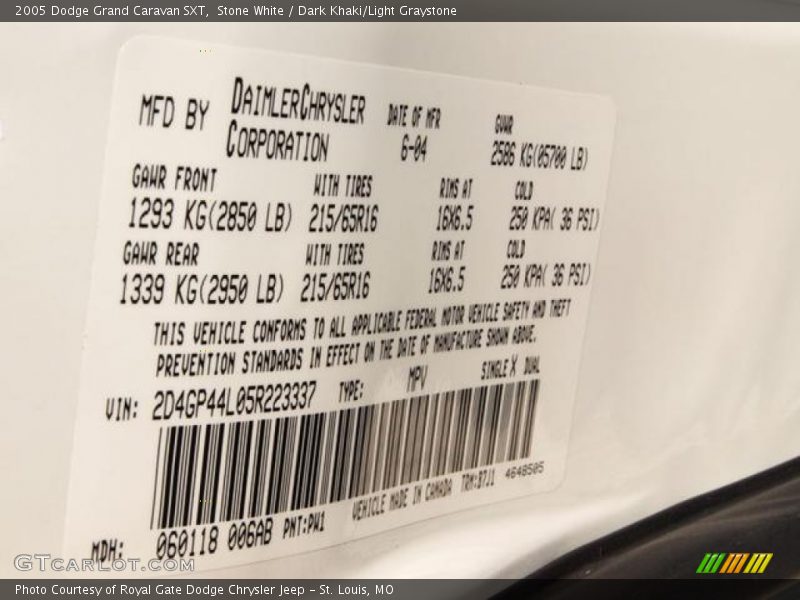 Stone White / Dark Khaki/Light Graystone 2005 Dodge Grand Caravan SXT