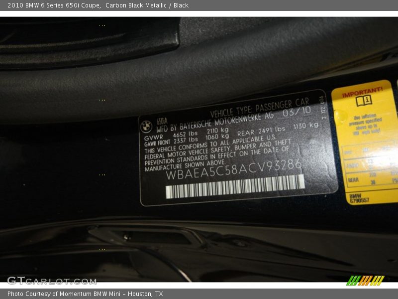 Carbon Black Metallic / Black 2010 BMW 6 Series 650i Coupe